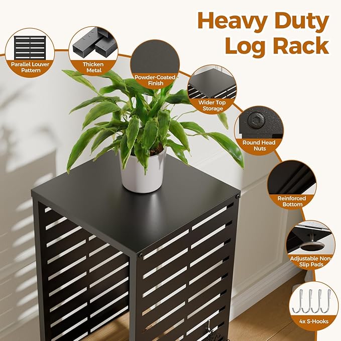 4ft Firewood Rack with Parallel Louver Pattern, Fire Wood Holder Log Storage Rack with Hooks Adjustable Feet, Firewood Stacker for Outdoor Indoor Pergola Gazebo Patio Balcony Black