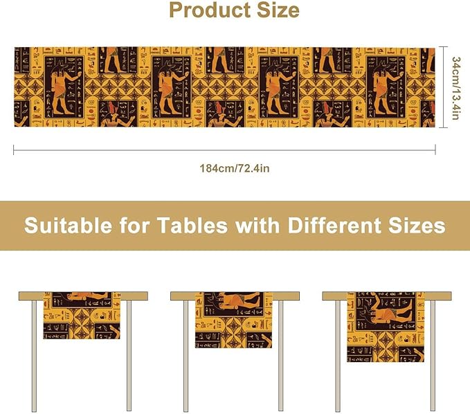 Retro Egypt Table Runner, Vintage Egyptian Gods Ancient Egyptian Hieroglyphs Table Runner for Kitchen Family Dining Holiday Party 13x70in