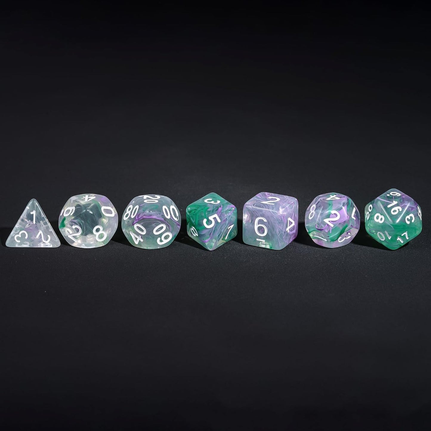 7-Die DND Dice Set Polyhedral Dice Set with a Leather Dice Bag, D&D Dice Set for RPG Table Games (Transparent Green Mix Purple)