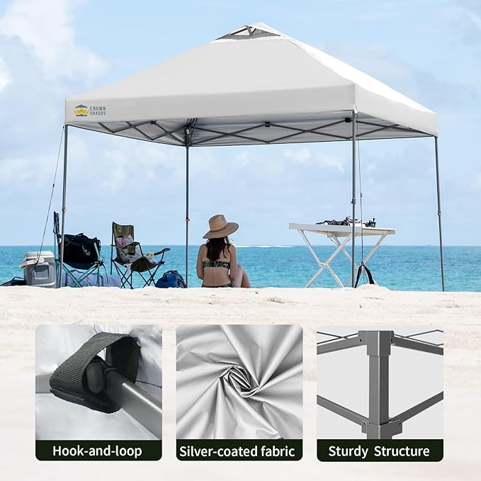CROWN SHADES Adjustable Height on The Fly, 10x10 Pop Up Canopy - Beach Tent with One Push Setup - Easy Outdoor Sun Shade for Events, Parties, Camping - Outside Shade with STO-N-Go Bag, White