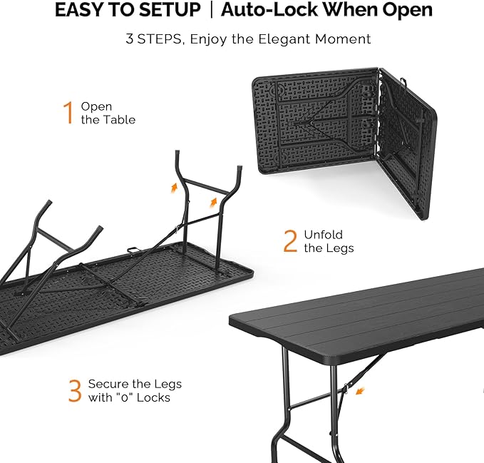 VINGLI 6 Foot Plastic Folding Table Portable Long Table for Indoor Outdoor Use Rectangular with Carrying Handle, Tree Patterned HDPE Tabletop, Black