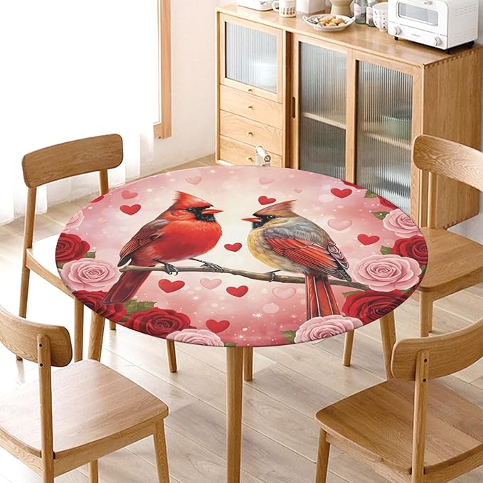 Valentines Day Round Fitted Tablecloth with Elastic Cardinal Bird Heart Circle Table Cloth for 40-44" Tables Wipeable Waterproof Washable Valentine Red Birds Table Cover for Picnic Dining Party Decor