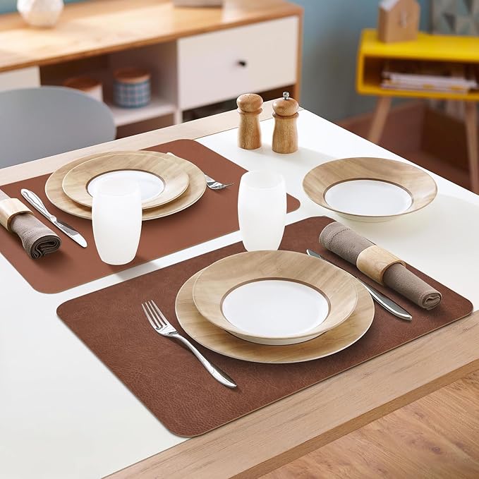 PU Leather Placemats Set of 6 Table Mats Heat Resistant Kitchen Place Mats, Waterproof Wipeable Dining Table Placemats for Home Party Outdoor, 15.8 x 11.8 inches (Brown)