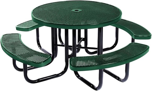 COATEDOUTDOORFURNITURE Heavy-Duty Portable Outdoor Picnic Table with Umbrella Hole, Punched Steel Commercial-Grade Patio Dining Furniture Made in America (46" Round Top, Textured Green)