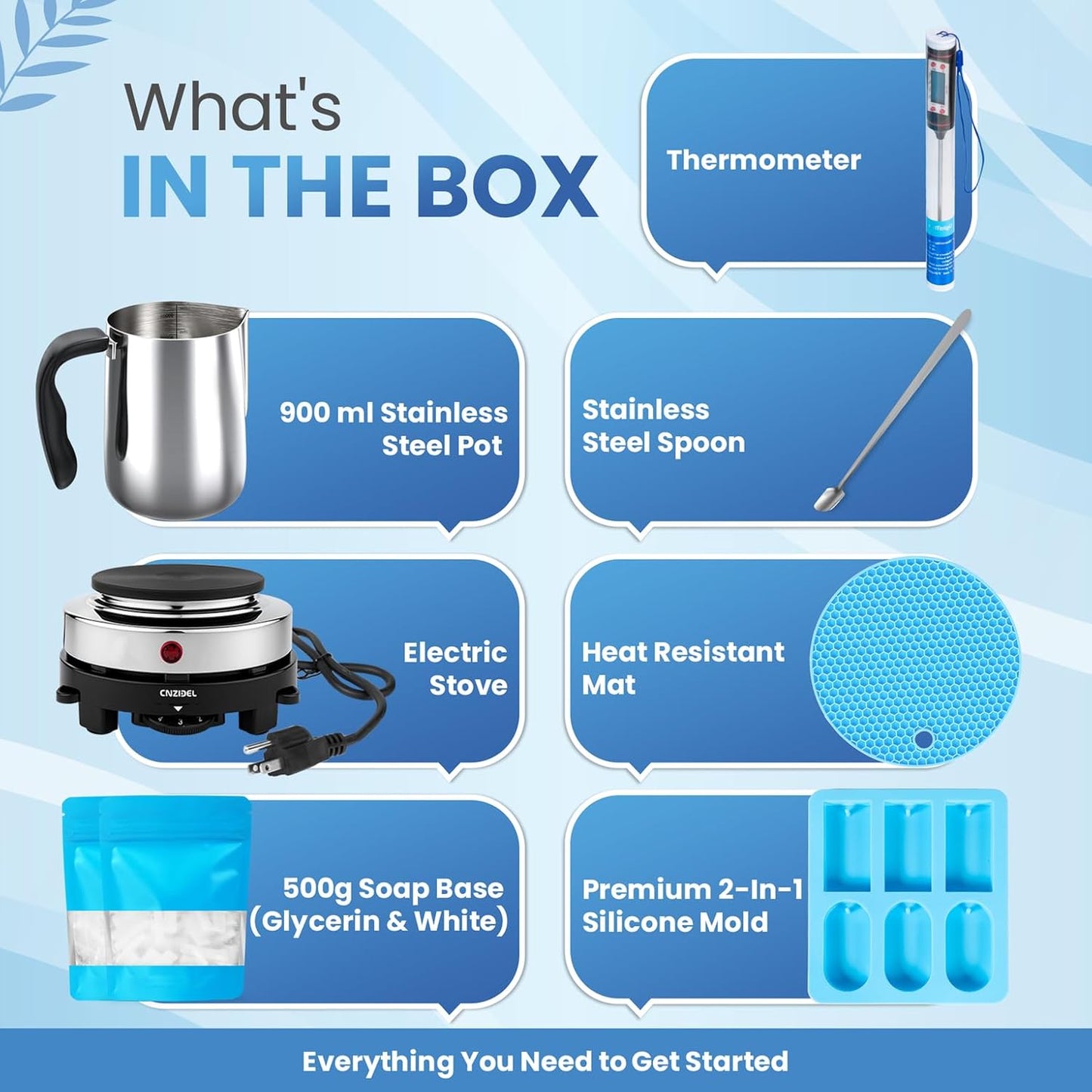 ZMSIB Soap Making Kit with 900ml Stainless Steel Melting Pot | All-in-One DIY Soap Making Kit with Silicone Mold | Digital Thermometer | Soap Base | Mixing Spoon | Heat Resistant Mat & Electric Stove