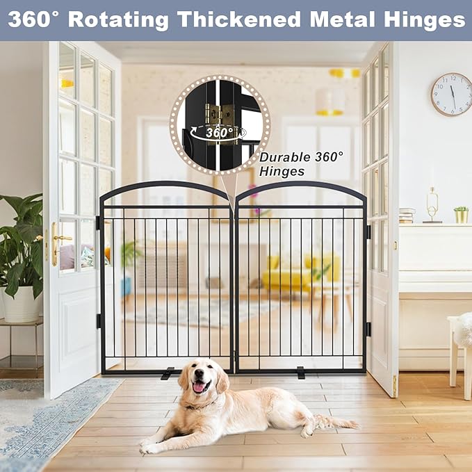 Full Metal Free Standing Dog Gate with Door for Indoor Outdoor, 48'' Extra Wide 36'' Tall Dog Gate for Doorways,Large Openings,Decks,Pet Puppy Freestanding Safety Fence(2 Panels,Black)