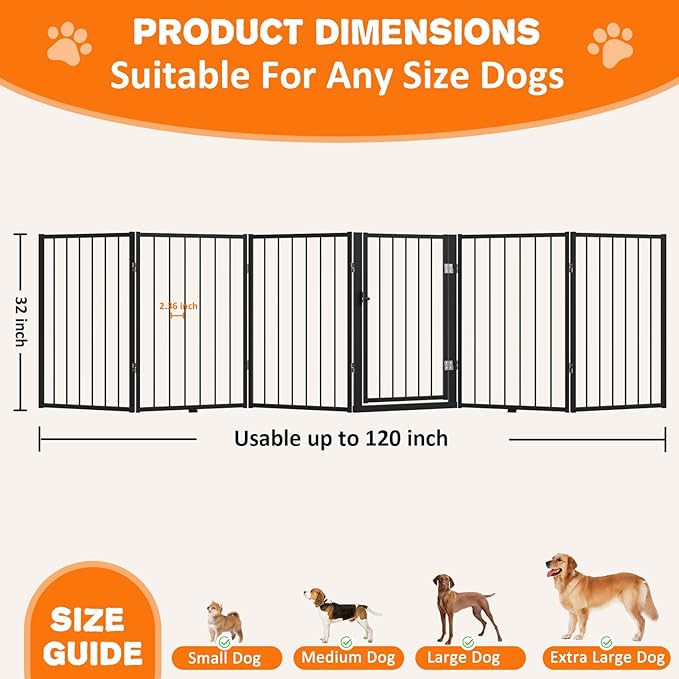 Metal Freestanding Dog Gate, Foldable Extra Wide 118", 32" Tall Large Opening Pet Gate for Indoor & Outdoor, Portable Dog Fence for Stairs, Doorways (Black, 6 Panels)