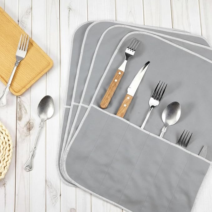 Hillban 6 Pcs Anti Tarnish Silver Storage Bags Silver Storage Cloth Felt Flatware Organizer Anti Tarnish Protector Bags Place Setting Roll with White Ribbon for Kitchen Cutlery (6 Slots,Grey)