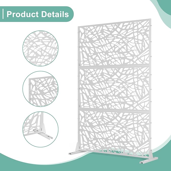 Metal Privacy Screen for Outdoor & Indoor Use, Free Standing Privacy Screen for Patio Garden Pool, 72" H x 47" W Decoative Privacy Panels, Weather Resistant, Easy Assembly (White Net)