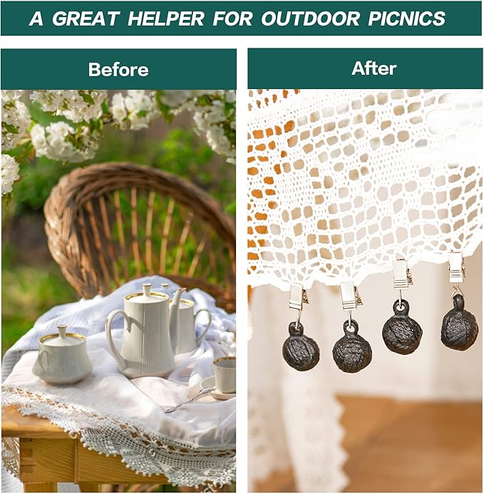 Sungmor Cast Iron Heavyweight Tablecloth Weights - 4 Pack Antique Dark Brown Round Clew Pendent Clips Weights Kit - Heavy Duty Table Cloth Cover Clamps for Home Garden Party Wedding Camping Picnic