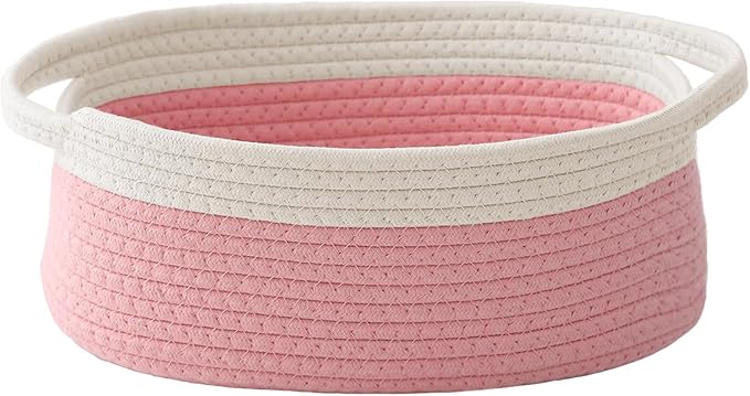 Woven Basket,Small Rope Storage Bin with Handles & Ribbon Bag, Organizer for Shelves Closets,Gift Basket Empty for Birthday,Books,Dog Toys, White&Pink