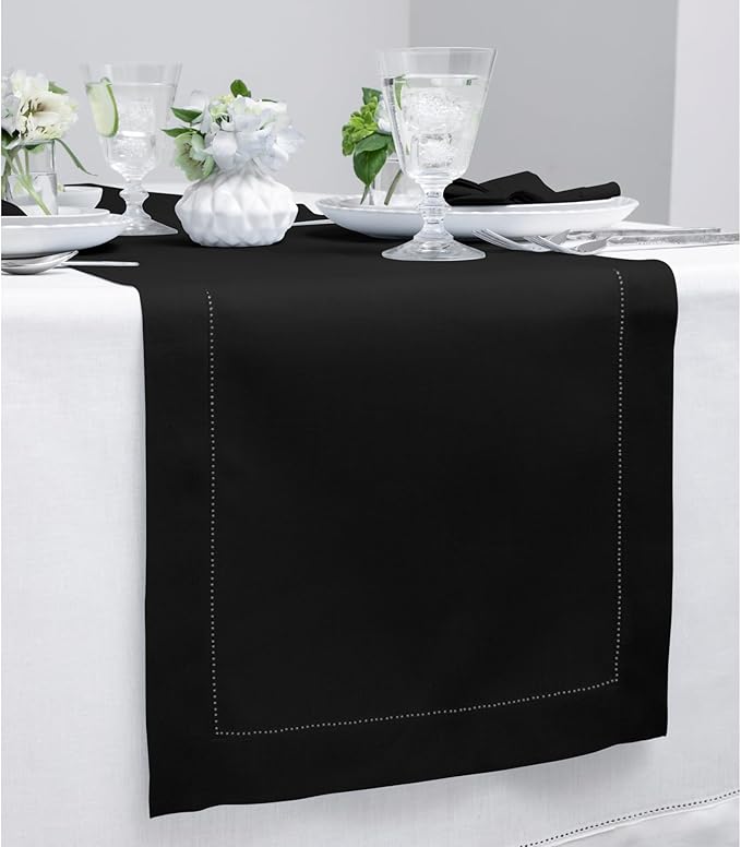 Solino Home Linen Black Table Runner 144 Inches Long - 100% Pure Linen Extra Long Table Runner 14 x 144 Inch for Spring, Easter - Classic Hemstitch