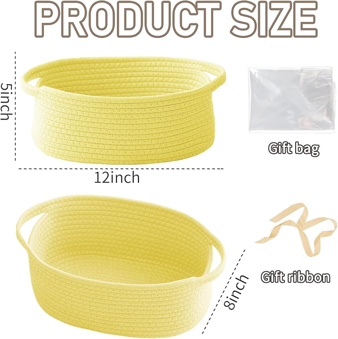 Woven Basket,Small Rope Storage Bin with Handles & Ribbon Bag, Organizer for Shelves Closets,Gift Basket Empty for Birthday,Books,Dog Toys, Yellow/2 Pack