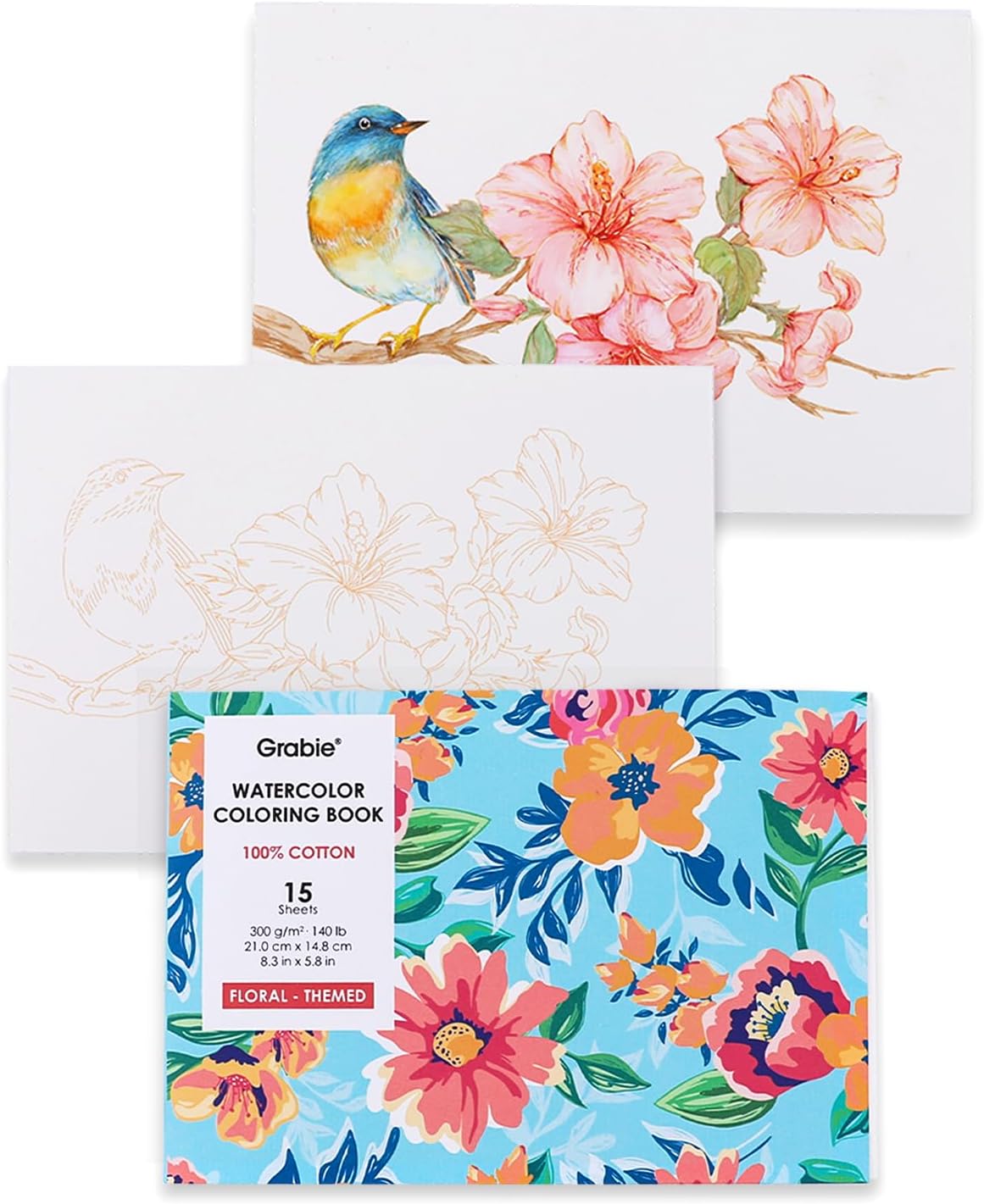 Grabie Watercolor Coloring Book, 15 Sheets Art Pad A5 (8.3 x 5.8), Cotton Watercolor Book for Adults(Floral)