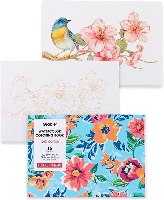 Grabie Watercolor Coloring Book, 15 Sheets Art Pad A5 (8.3 x 5.8), Cotton Watercolor Book for Adults(Floral)