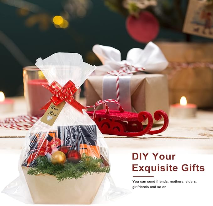 Bigger Baskets for Gifts Empty, 6 Pack Sturdy Kraft Basket With Handles Gift Basket Kit, 6 Shrink Wrap Bags, 6 Bows and Hang Tag, Empty Gift Baskets to Fill for Valentines Birthday Baby Shower