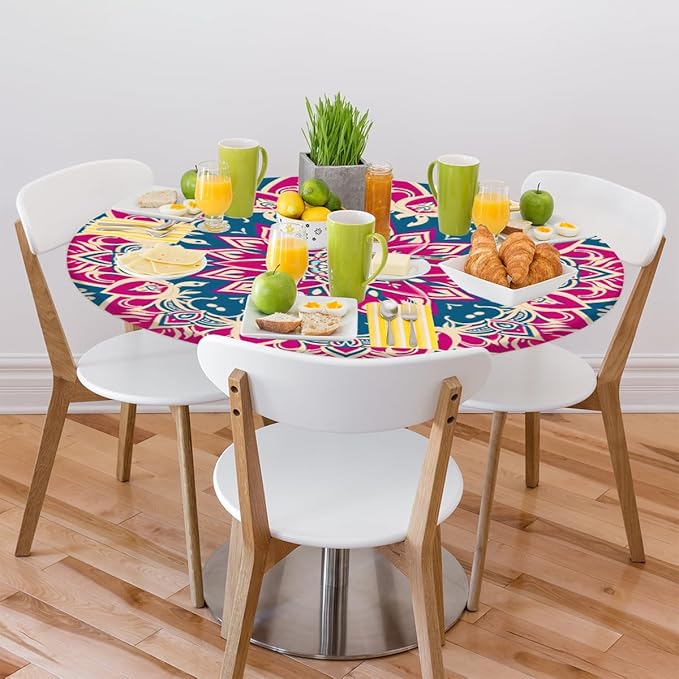 Beautiful Flower Mandala Round Table Cloth Cover, Elastic Edge Waterproof Wipeable Tablecloths 45"-56" Polyester Tablecloth for Party Restaurant Banquet Holiday Camping Outdoor Picnic