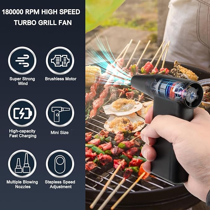 Portable Electric Air Duster, Lightweight 180000 RPM Cordless Fan with LED, 8-Gear Stepless Speed Adjustable Super Power Grill Fan for BBQ,Computer,Car,Home,Outdoor