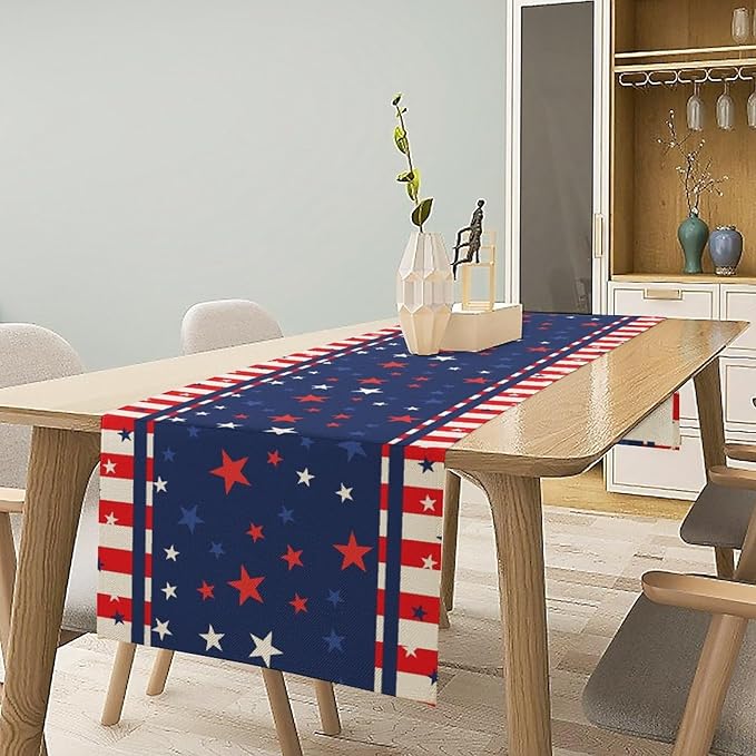 4th of July Table Runner, America Stars Stripes Patriotic Independence Memorial Day Table Runner for Kitchen Dining Home Party Holiday 13x70in