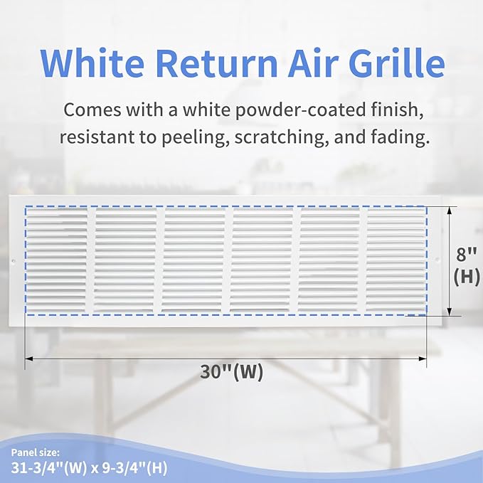 30"W x 8"H [Duct Opening Size] Steel Return Air Grille, Air Return Vent Cover for Ceiling and Sidewall - HVAC Air Vent Covers - [Outer Dimensions: 31.75"W x 9.75"H]
