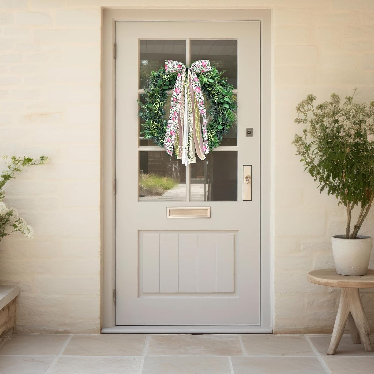 Large Flower Ribbon Bow for Wreath, Pink Floral Fabric Ribbons Set Assorted Leaves Lace Ribbon Green Dot Clip-On Wreath Sash Ribbons Bundle for Home Indoor Outdoor Decor