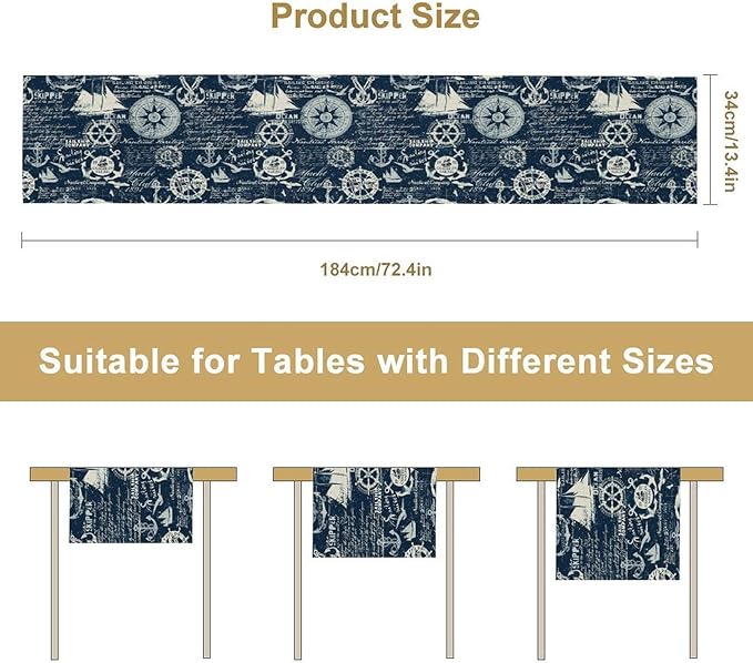 Marine Ship Table Runner, Nautical Pattern Seasonal Farmhouse Sea Rustic Kitchen Dining Table Decoration for Holiday Home Party Festival 13x90in