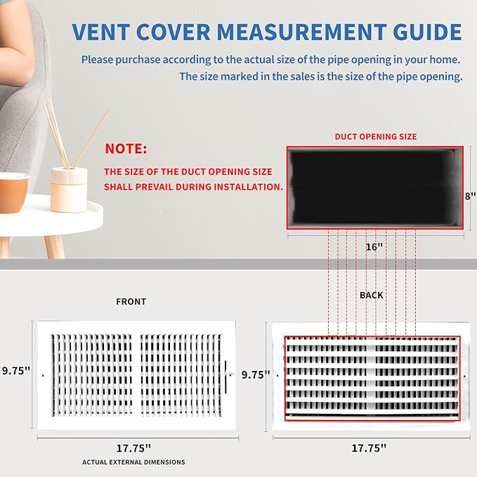 16x8 Vent Register [Duct Opening], Vent Covers for Home Ceiling, Two-Way Ventilation Register, Adjustable Solid Steel Wall Register Vent Cover(16"W x 8"H [Duct Opening])