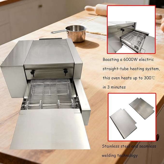 220V Countertop Conveyor Pizza Oven Commercial Baking Electric Oven 12" Belt 6000W 300℃ Working Temperature Baking Bread Cookies