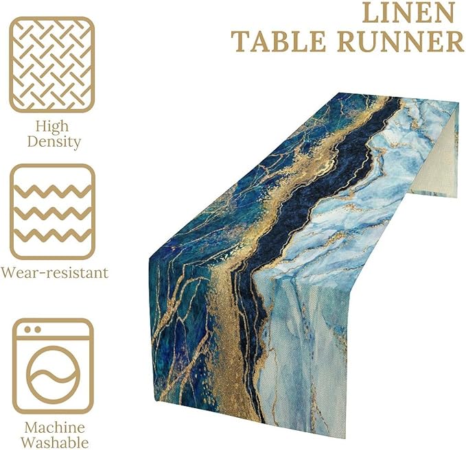 Marble Table Runner, Blue Texture Abstract Art Print Table Runner for Indoor Home Living Room Party Dining Kitchen 13x70in