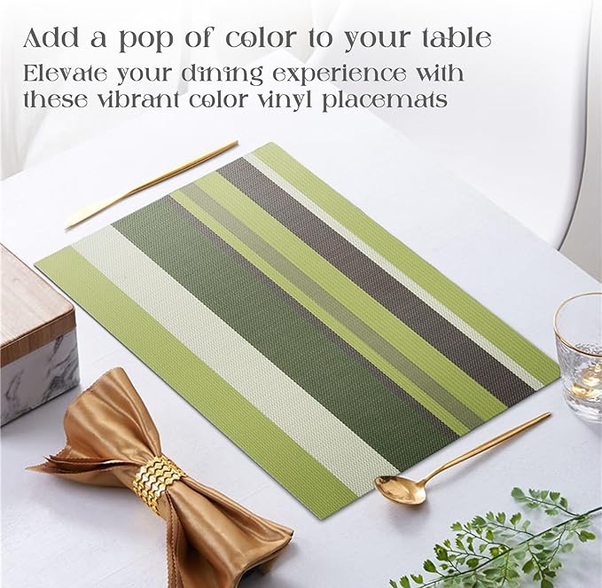Set of 6 Colorful Striped Vinyl Placemats Heat-Resistant Washable Placemats Non-Slip Woven Table Mats Wipeable Placemat for Kitchen Dining Table Decoration Indoor Outdoor (Meadow Green)