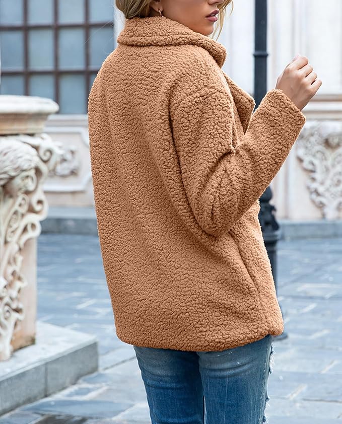 Women's Winter Warm Plush Cardigan Fuzzy Fleece Lapel Jacket with Buttons Pockets Long Sleeve Casual Outerwear