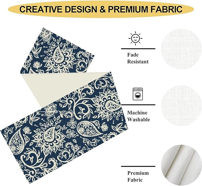 Blue Paisley Table Runner, Vintage Damask Antique Floral Flower Boho Damask Swirled Rustic Coffee Table Center Decor for Family Kitchen and Living Room Outdoor Table Decorations, 13"x36"