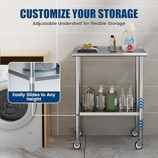 Stainless Steel Work Table with Wheels, 30x30 Inch NSF Food Prep Table with Backsplash & Adjustable Undershelf for Commercial Kitchen, Restaurant, Garage