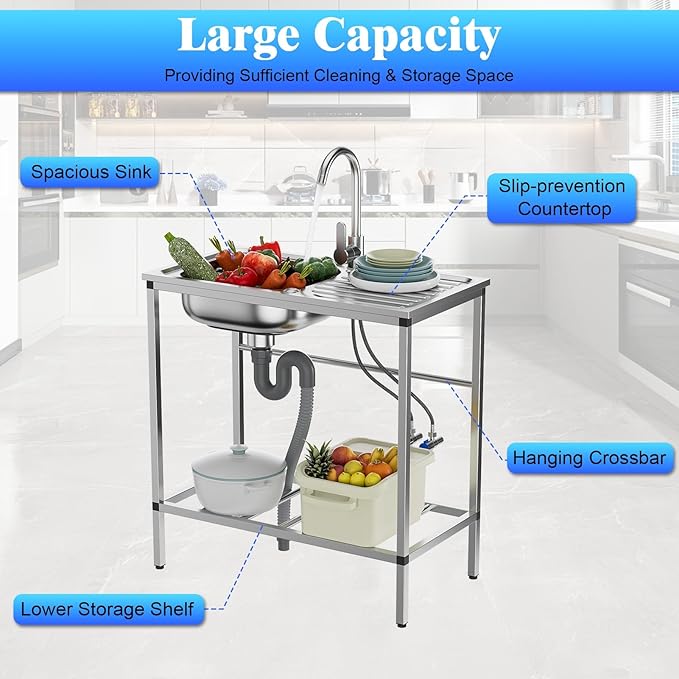 Stainless Steel Utility Sink with Cabinet, Outdoor Sinks Station for Patio & Camping, Kitchen and Cabinet Combo Stainless Steel
