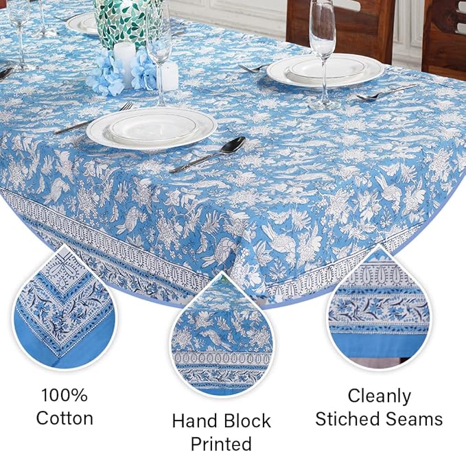 CPC Blue Sapphire 80X120 Inch Rectangle Tablecloth Cotton Indian Block Print Tablecloth Handmade Printed Washable Cotton Table Cloth Spring Summer Weding Table Cover
