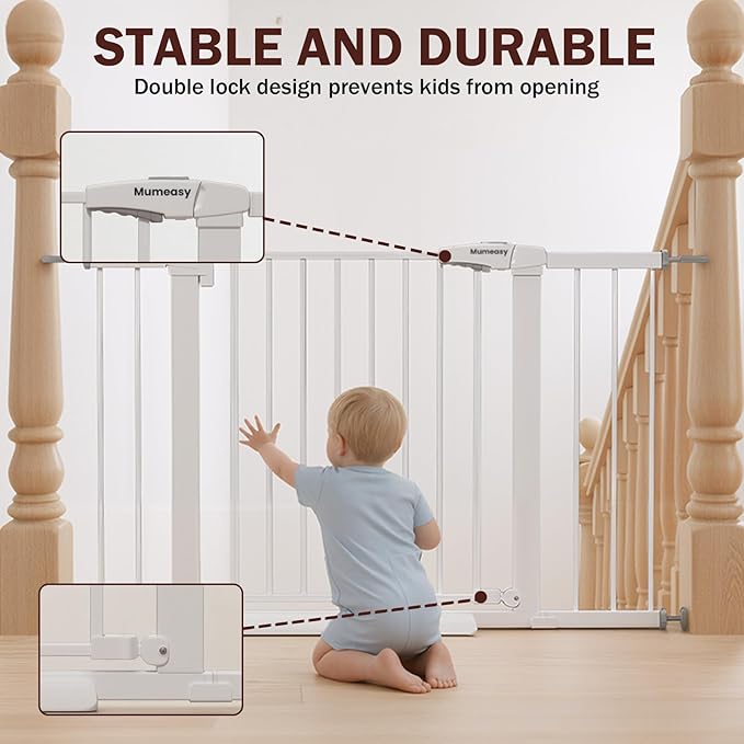 29.7-46" Extra Wide Baby Gate for Stairs, Pressure Mounted Dog Gate Indoor for Doorways, Auto Close Pet Gate with Walk Thru Door, Double Lock Child Safety Gate for Kids and Pet, No-Trip Design