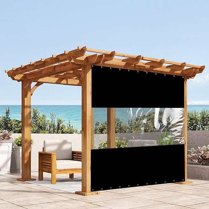 Covers & all Outdoor Clear Panel Curtain, 12 oz Vinyl Outdor Curtains for Patio, Waterproof & Weather Resistant Tarp with Brass Grommets for Pergola, Porch, Gazebos, Balcony (4’ H x 8’ W Feet, Black)