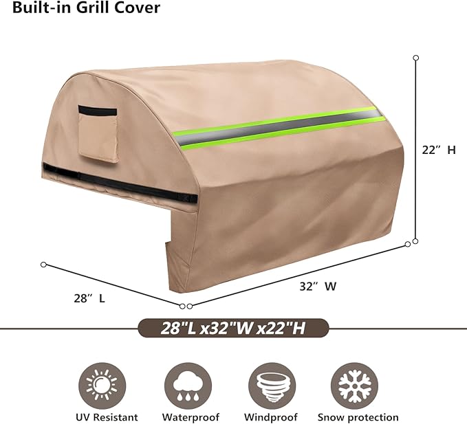 Built in Grill Cover for Blaze Premium LTE 32-Inch - Heavy Duty 600D Waterproof with Reflective Strips and Plush Lining, Universal 4-Burner Gas Grill Protector,Khaki