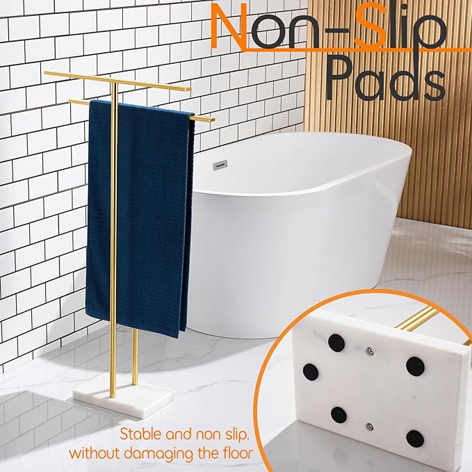 Standing Towel Rack for Bathroom 2-Tier Towel Holder Free Stand with Heavy Marble Base Gold Thicken Steady Design Stainless Steel AN7001GD
