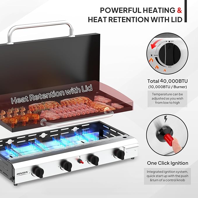 ROVSUN 4 Burner Portable Propane Griddle with Enameled Tray & Lid, 40000 BTU Rolling Flat Top Gas Grill with Electronic Ignition, Side Shelves & Regulator for Outdoor Cooking Camping BBQ Tailgating