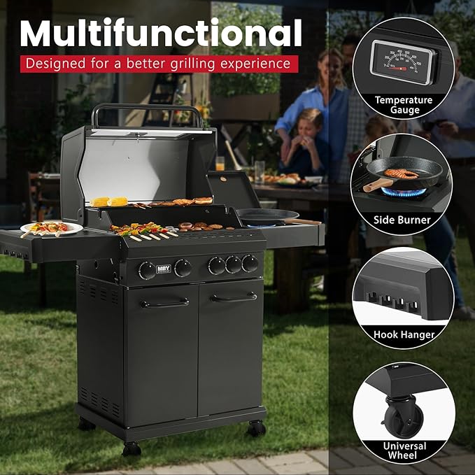 4 Burner Propane Grill,50000 BTU BBQ Grill with Side Burner and Enameled Cast Iron Grates,Visible Window Gas Grill with Wheels for Outdoor Cooking, Patio, Garden Barbecue Griliing