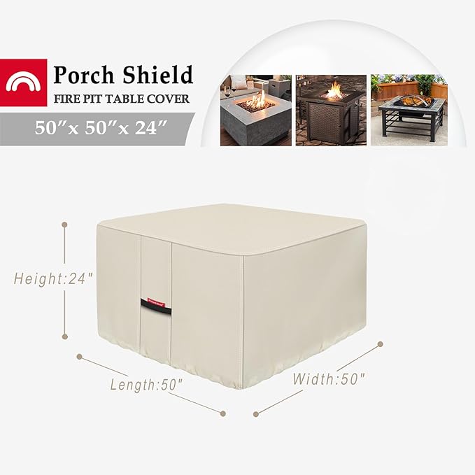 Porch Shield Fire Pit Cover - Waterproof 600D Heavy Duty Fade Resistant Square Patio Fire Pit Table Cover Beige - 50 x 50 inch