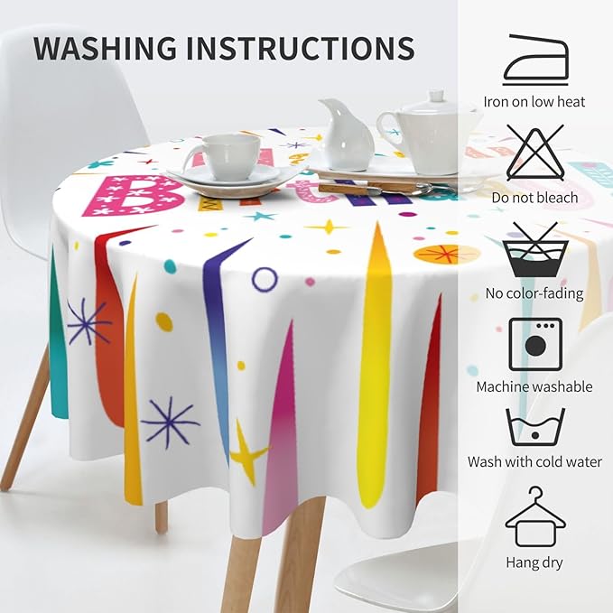 Happy Birthday Round Tablecloth Happy Birthday Tablecloth 60 Inch Waterproof Rustic Table Cloth Fabric Farmhouse Stripe Decorative for Picnic Party Holiday Home Indoor Outdoor