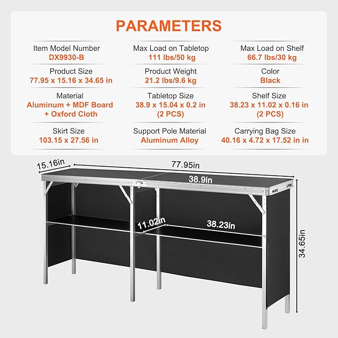 VEVOR Extra Long Folding Portable Bar Tradeshow Podium Table for Indoor, Outdoor, Party, Picnic, Exhibition, Includes Carrying Case, Storage Shelf and Black Skirt, 77.95" x 15.16" x 34.65"