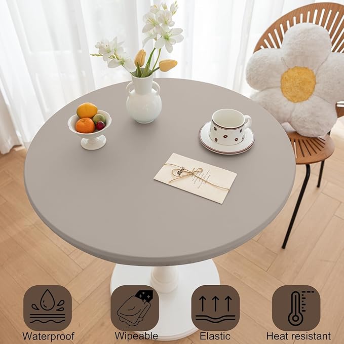 Round Fitted PU Tablecloth with High Elastic Edge 47 Inch Dia Waterproof Oil Proof Table Cloth Anti-Scald Stain-Resistant Wipeable Table Cover for Indoor Outdoor Picnic (Grey,47" Dia)