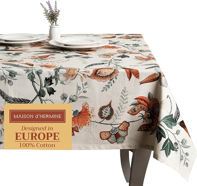 Maison d' Hermine Table Cloth Rectangle Table 100% Cotton 70 x 108 Inches Fall Tablecloth Reusable Everyday Use for Thanksgiving Christmas Decorations Dining Farmhouse Party (Dalida)