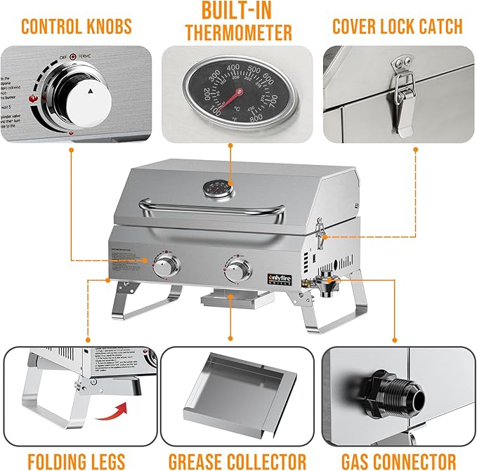 Tabletop Gas Grill 2 Burners, 20" Portable Propane Grill with Foldable Legs for Outdoor Patio Backyard Camping Tailgating RV Trip Beach, Stainless Steel Gas Stove 16000BTU, GS322