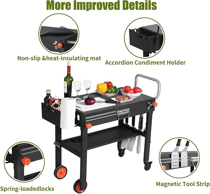 Portable Outdoor Grill Table, Blackstone Grill Stand Solid and Sturdy 31"W x 17"D, Movable Kitchen Cooking Prep BBQ Cart with Wheels, Folding Cart for Ninja, Blackstone Griddle 17"/22" etc