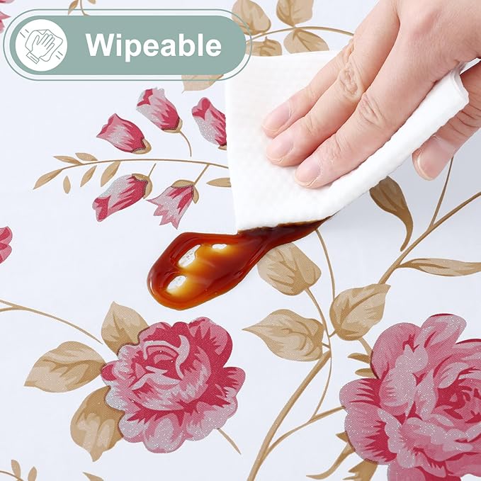 misaya Rectangle Waterproof Vinyl Table Cloth, Plastic Tablecloth with Flannel Backing, Wipeable Table Cover for Dinner, Picnic, Indoor and Outdoor (Pink Flowers, 52" x 70")