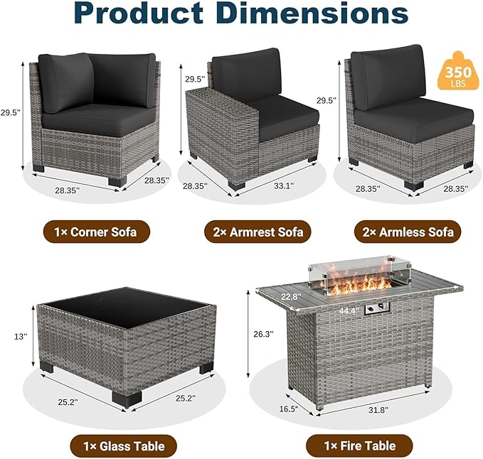 7 Piece Patio Furniture Set with Fire Pit Table, Outdoor Sectional Conversation Sets Wicker Rattan Sectional Sofa with Coffee Table for Patio Garden Backyard, 4'' Thickened Cushion Black